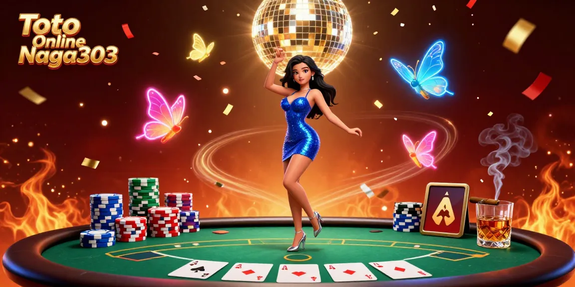 Toto Online Naga303 showcases an energetic 3D scene with casino elements and a glamorous dancer, reveling in vibrant colors.