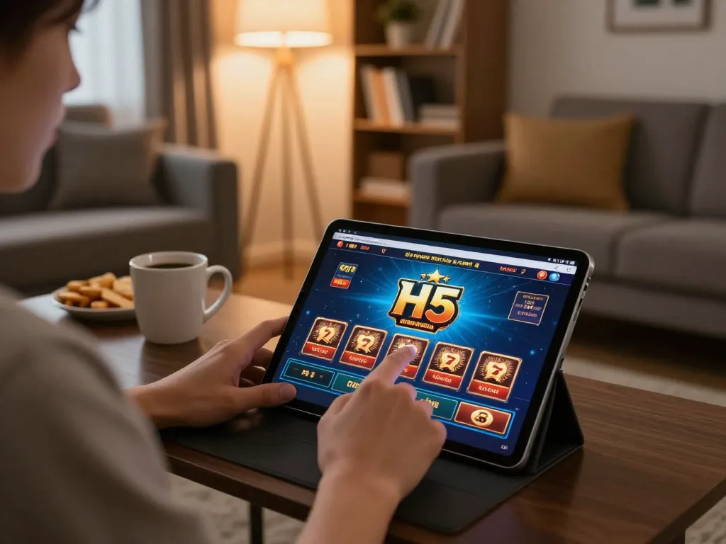 A person enjoying engaging browser play (H5) on a tablet in a cozy home setting, highlighting online casino excitement.