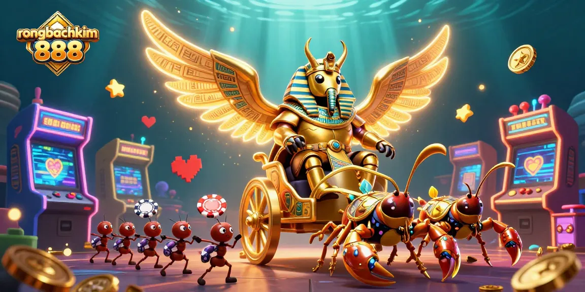 Experience exciting gameplay with rongbachkim 888 featuring a colossal scarab beetle and colorful arcade elements.