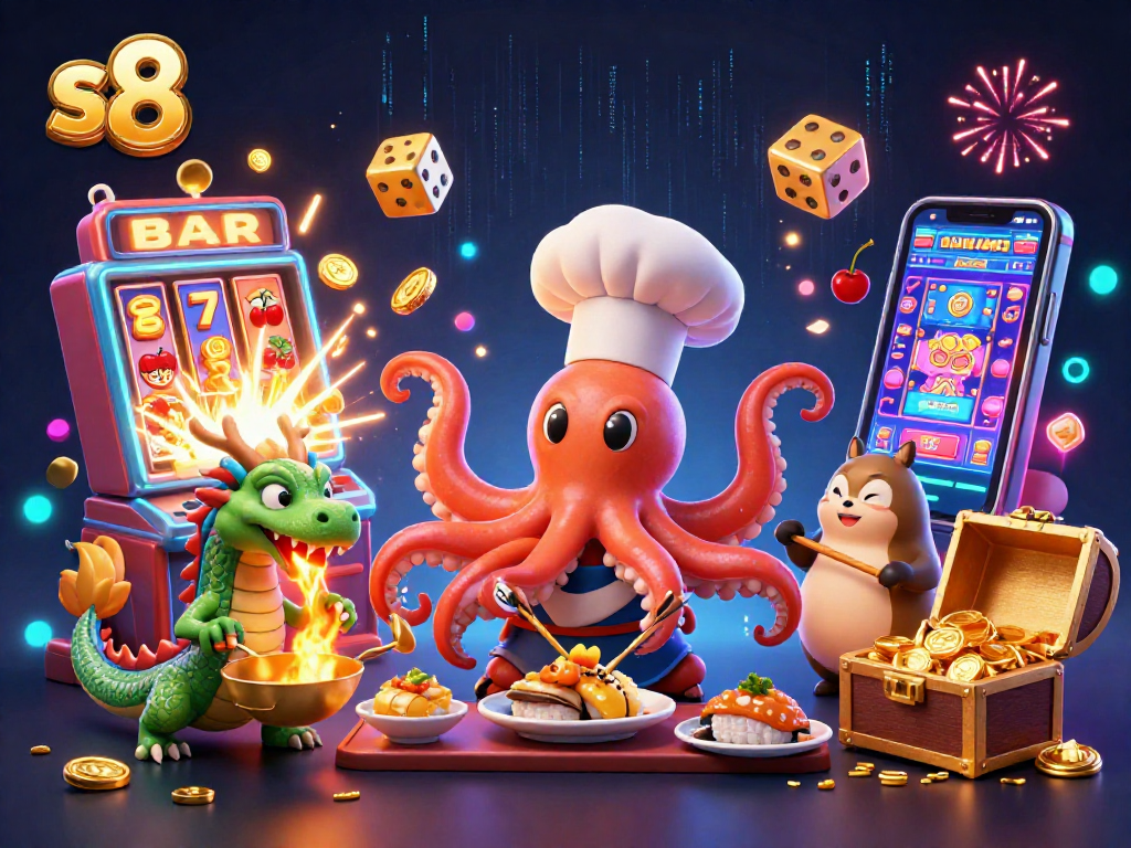 Watch the exciting s8 casino scene with a cartoon octopus chef and dragon, bursting with jackpot delights.