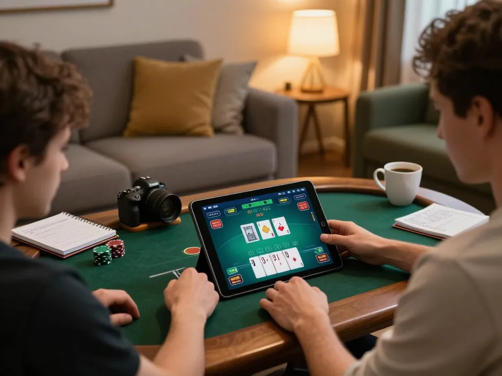 Player enjoying an online poker game on tablet in cozy atmosphere, showcasing fly88 strategy.