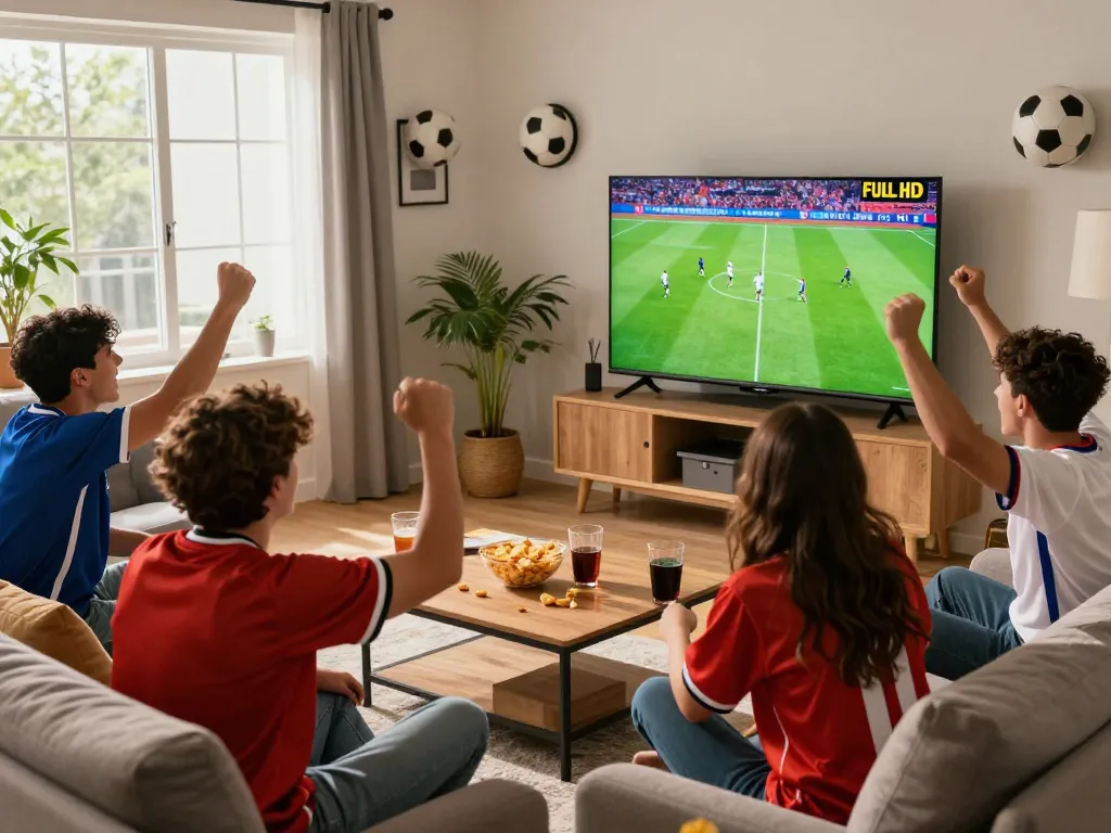 Exciting football viewing party in the living room watching trực tiếp bóng đá with friends cheering enthusiastically.