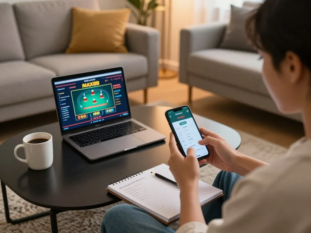 Engaging with the nhà cái MAX88 mobile app while relaxing at home, showcasing online gambling strategy.