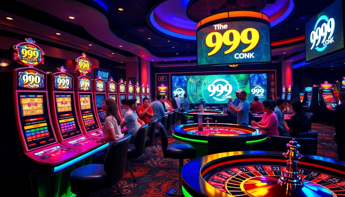 Players enjoying a lively gaming experience at 99OK casino with vibrant slot machines and poker tables.