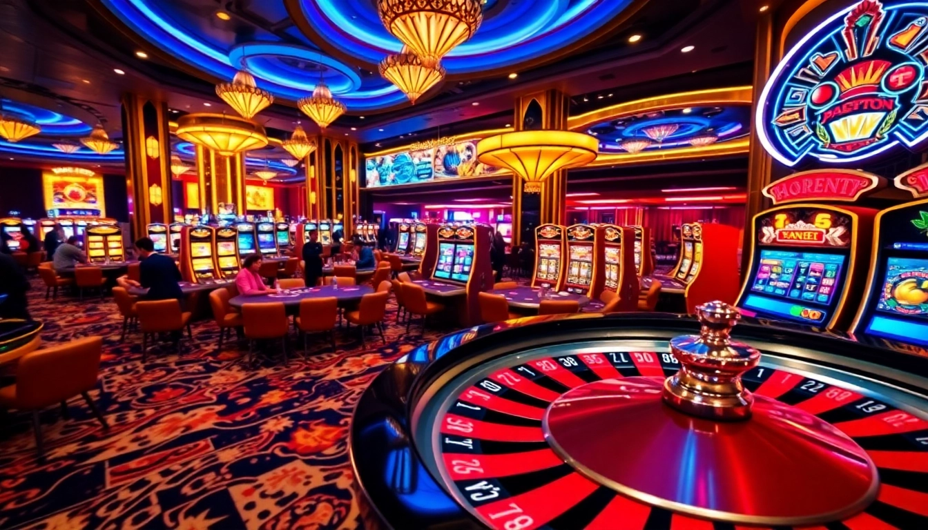 Experience luxury gambling at https://123win.to/ with a lively casino scene featuring poker tables, slot machines, and roulette wheels.