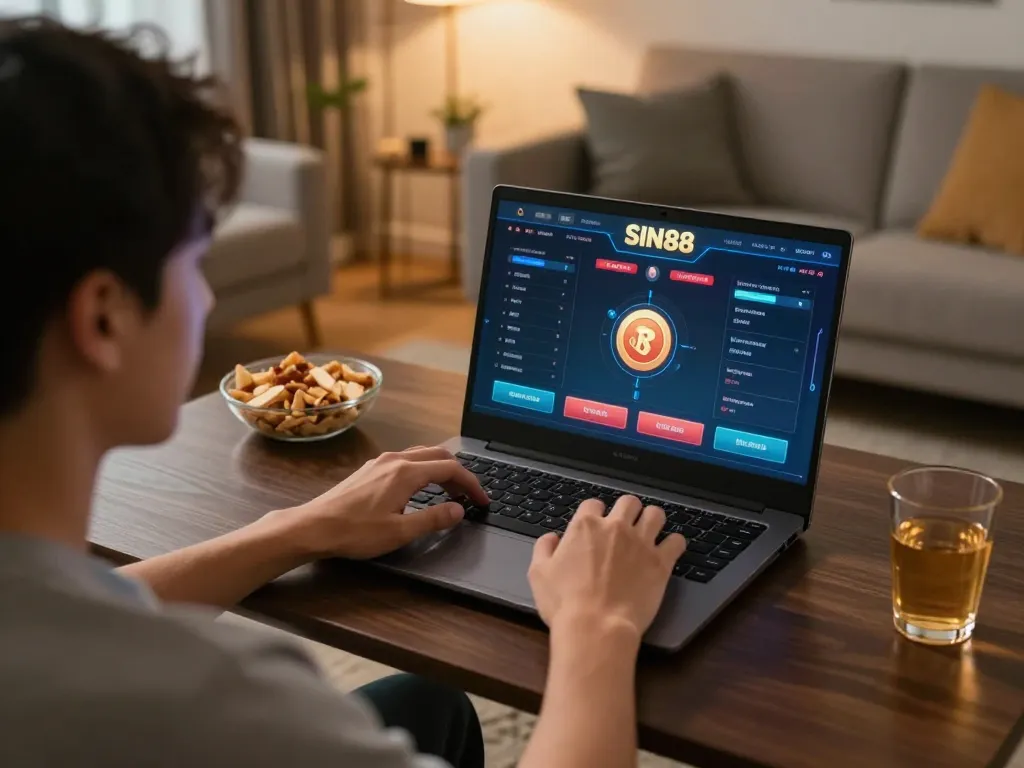 Engaging in online gambling with SIN88 on a laptop, showcasing a cozy home gaming setup.