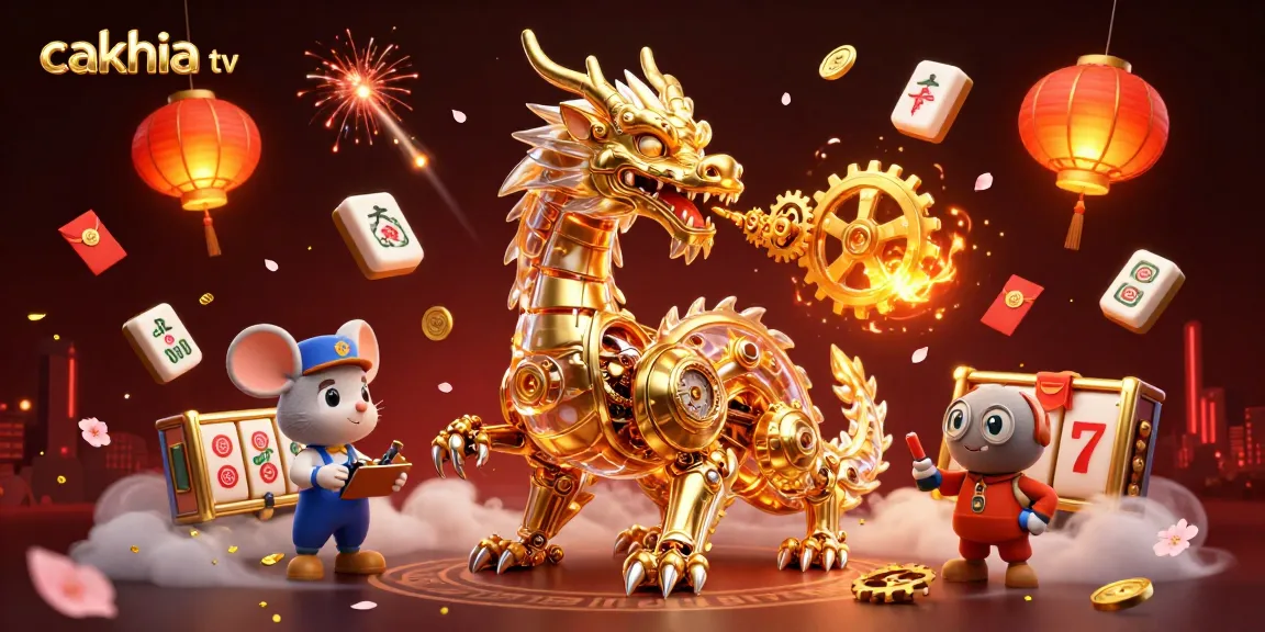 Cakhia tv showcases a vibrant gambling experience with a golden dragon, slot reels, and festive elements.