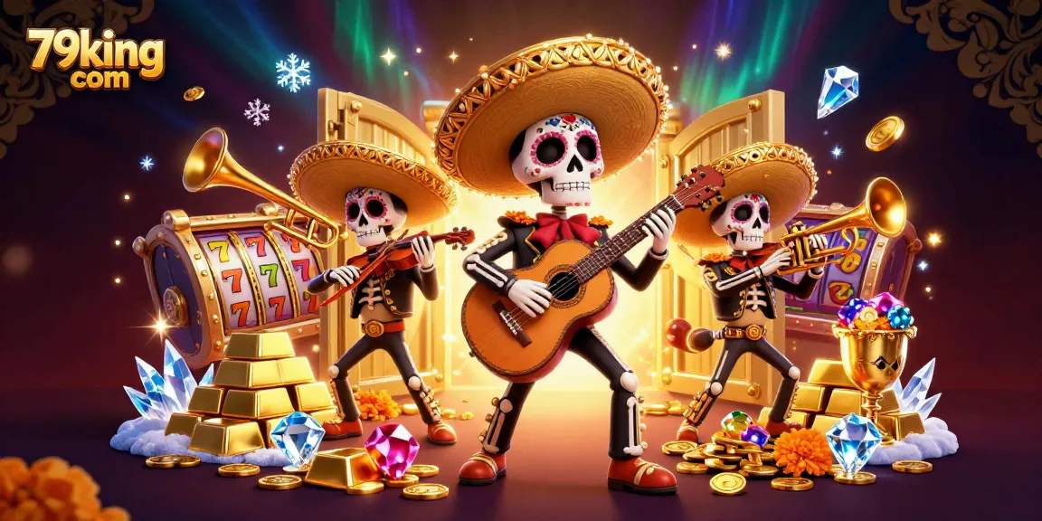 Engage with 79king com's vibrant casino scene featuring a lively mariachi band and shimmering treasures.