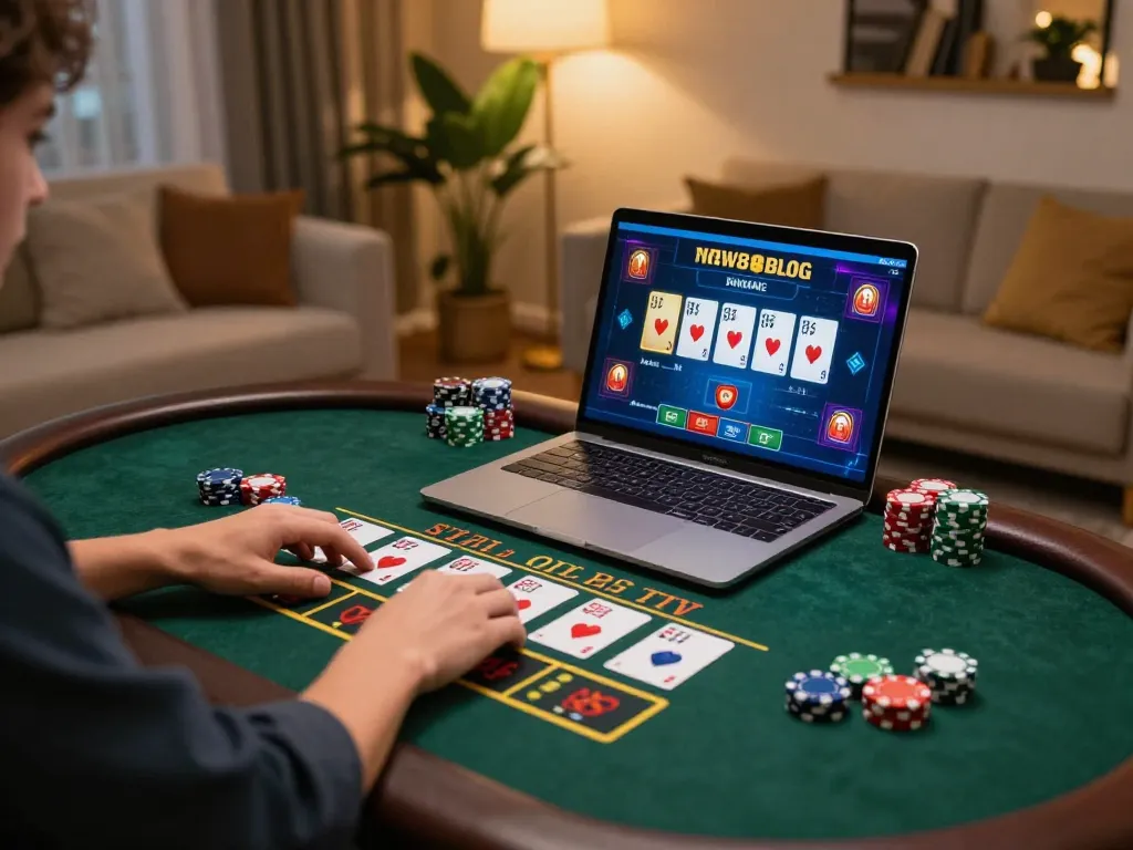 Engaging online gaming moment showcasing new88blog with live dealer blackjack action on laptop.