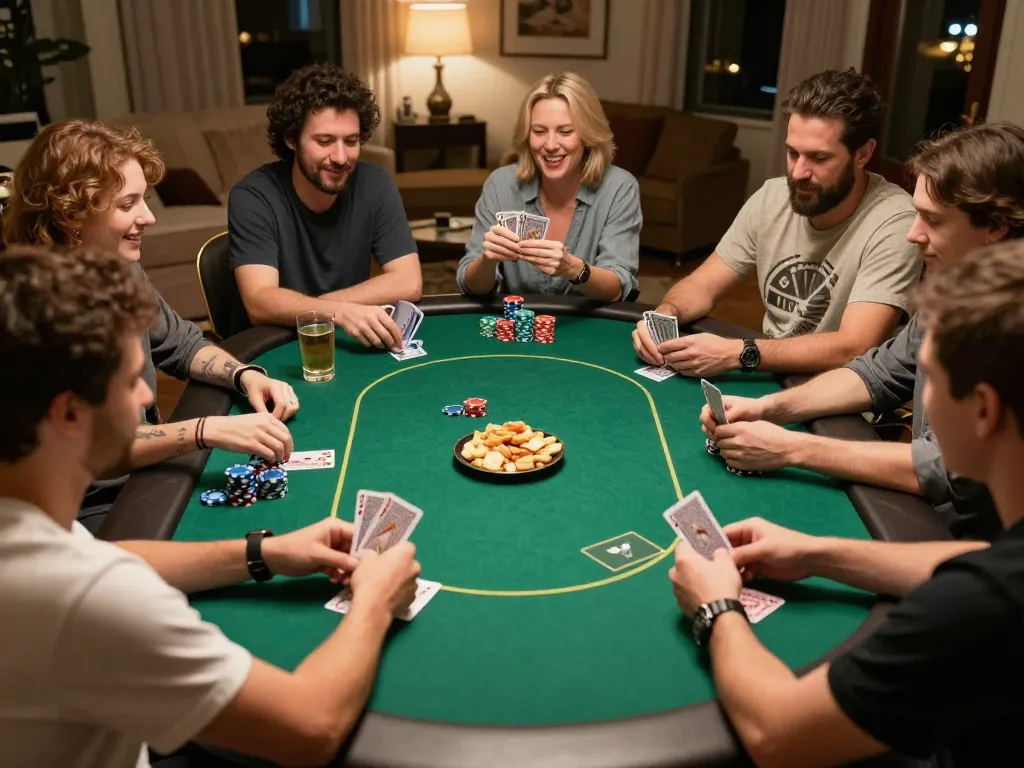 Bóng88 poker night with friends enjoying a game, showcasing friendly competition and strategic gameplay.