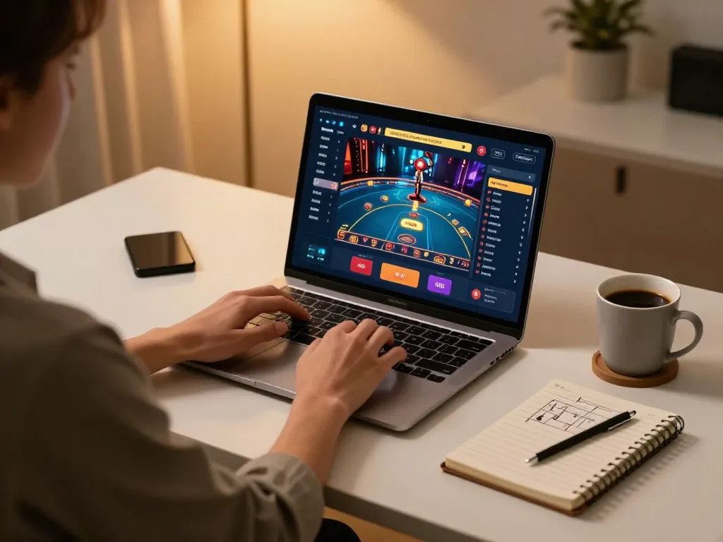 Playing online casino games at https://789win2.us.com/ on a cozy modern desk with notes and coffee.