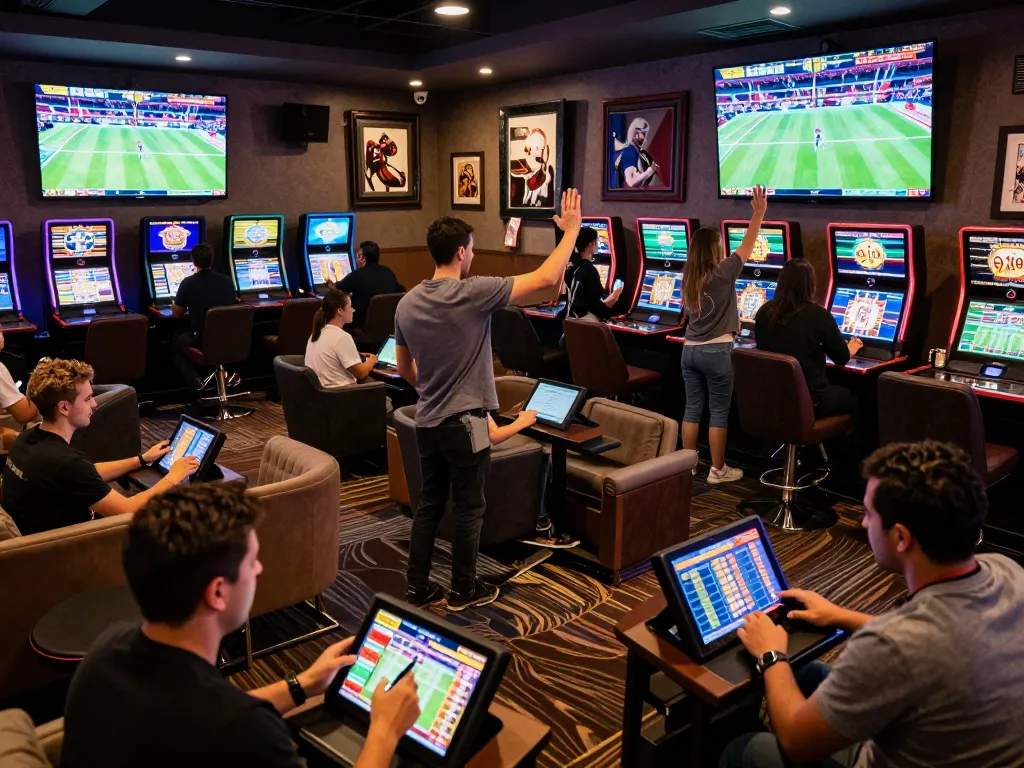 Fm88 sports bettors celebrating winnings in modern casino lounge with multiple screens and ambiance