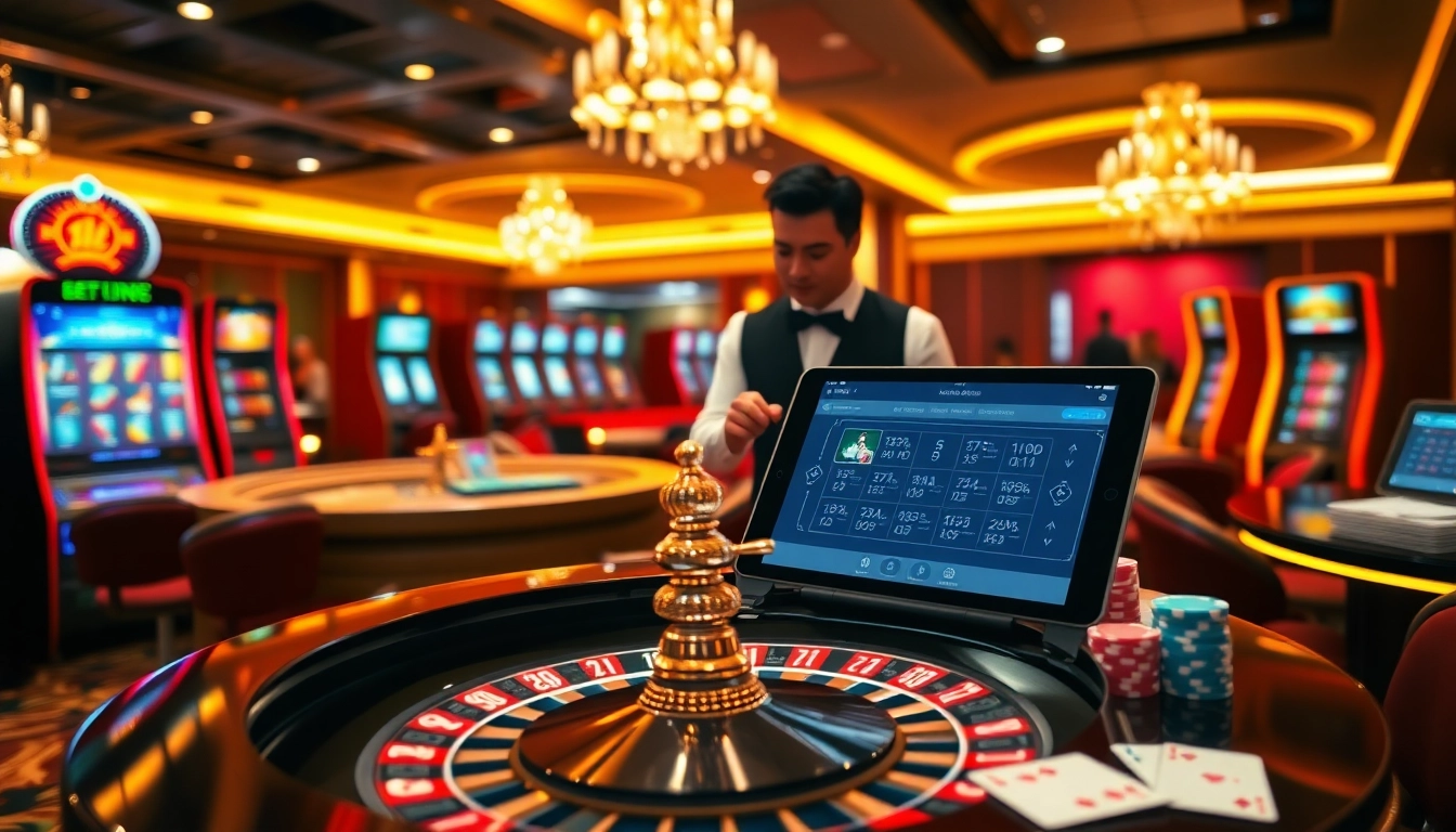 An exciting scene at a luxury casino featuring vibrant slot machines and a roulette table, highlighting ok365 com's gambling offerings.