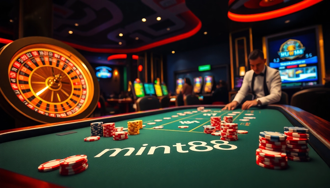 Mint88-themed casino scene featuring excited players at a vibrant poker table