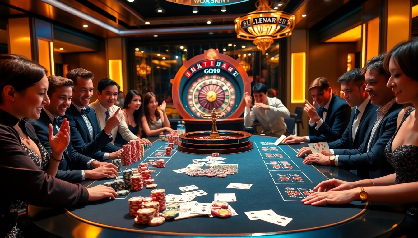 Players enjoying thrilling games at GO99's elegant casino table, filled with vibrant chips and cards.