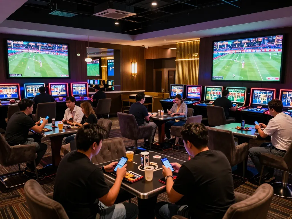Engaged bettors analyzing odds at a vibrant sports betting lounge while accessing https://vb88.llc/ on their smartphones.