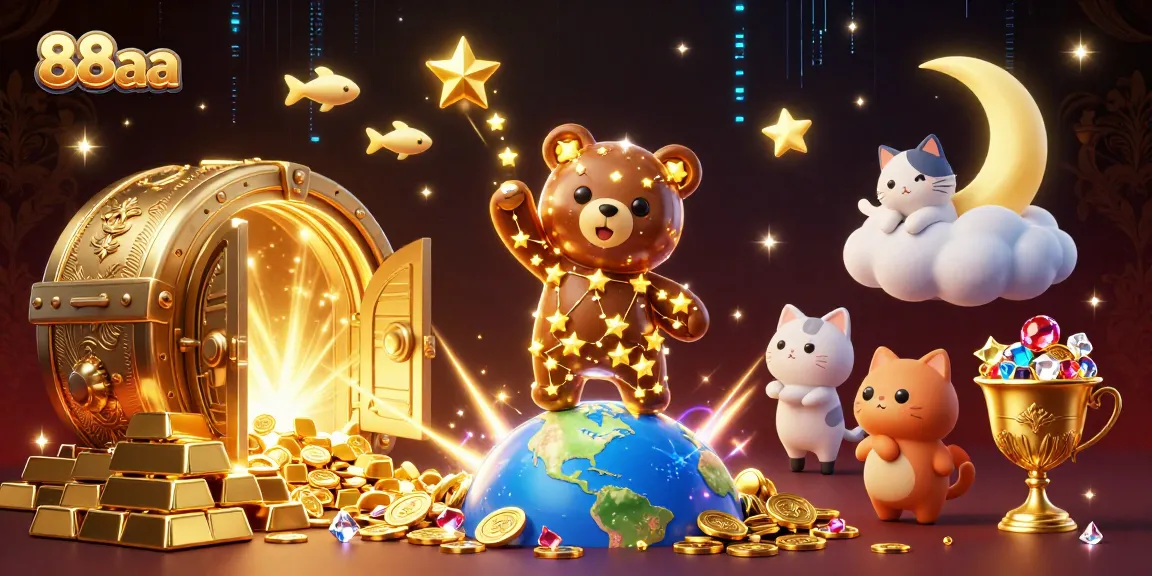 Experience the thrill of 88aa with captivating visuals of a constellation bear amidst golden treasures and casino elements.