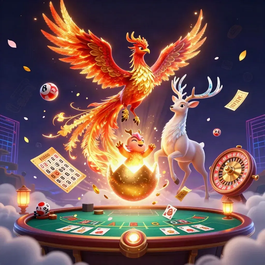 Phoenix, stag, and hatchling erupt amid casino symbols on a dark neon-gold hero tile.