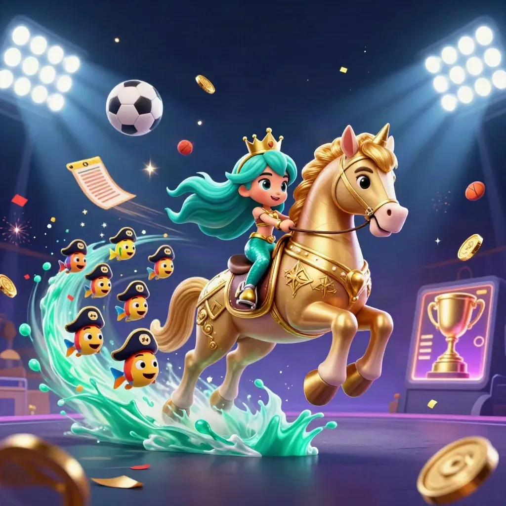 Mermaid princess on a golden seahorse amid pirate fish, flying balls, coins, and fireworks.