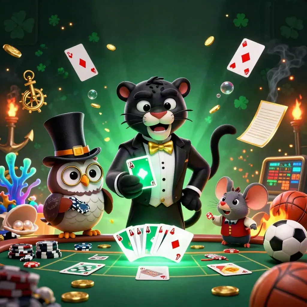 Panther, owl, and mouse amid casino cards, coins, sports balls, and emerald gold light