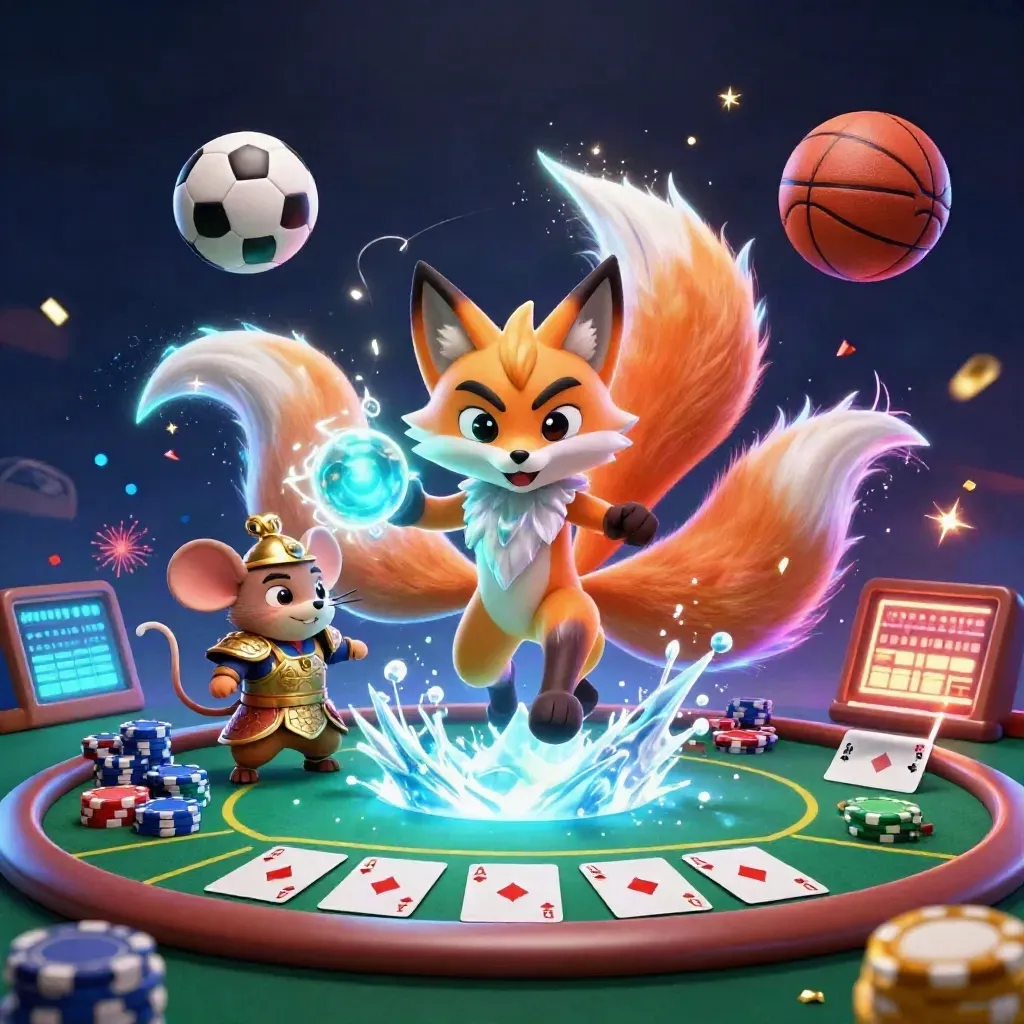 Fox spirit and samurai mouse amid casino props, glowing balls, and explosive neon magic.