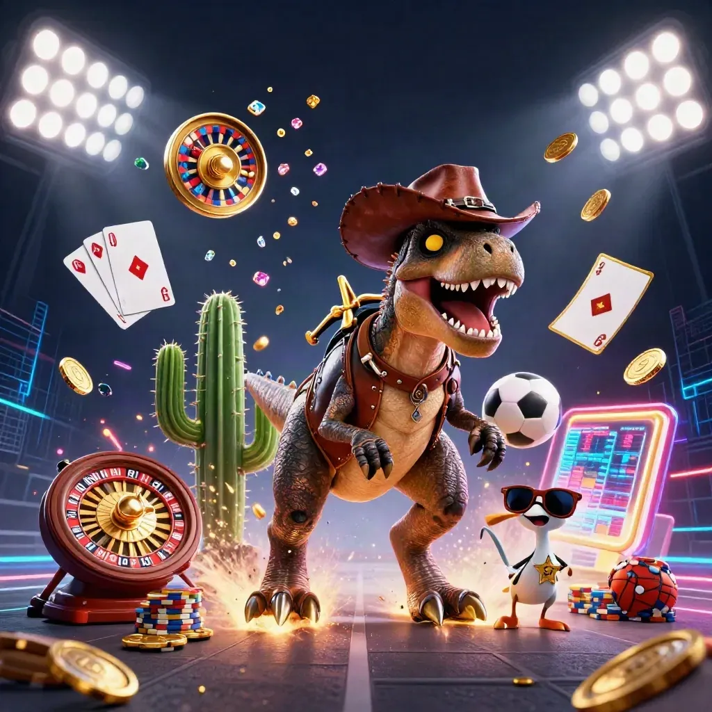 Cowboy T-Rex trio bursts through neon casino sports chaos with coins, cards, and glowing lights.
