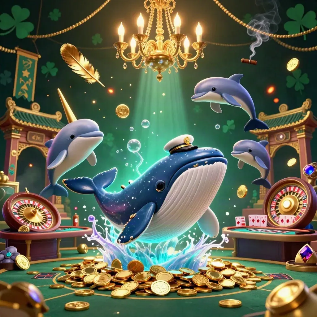 Whale captain, narwhal, and dolphins in a luxe neon casino undersea scene with gold and emerald glow.