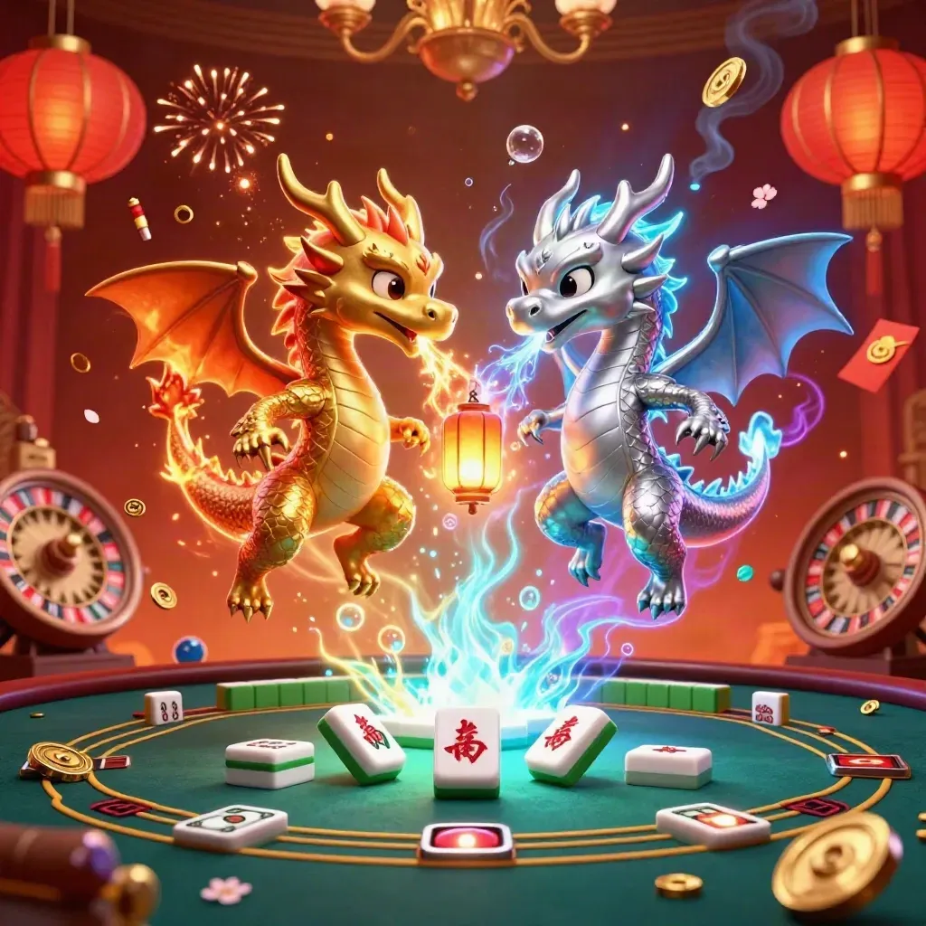 Gold and silver dragons spiral above casino glow, lanterns, jade coins, and ember smoke
