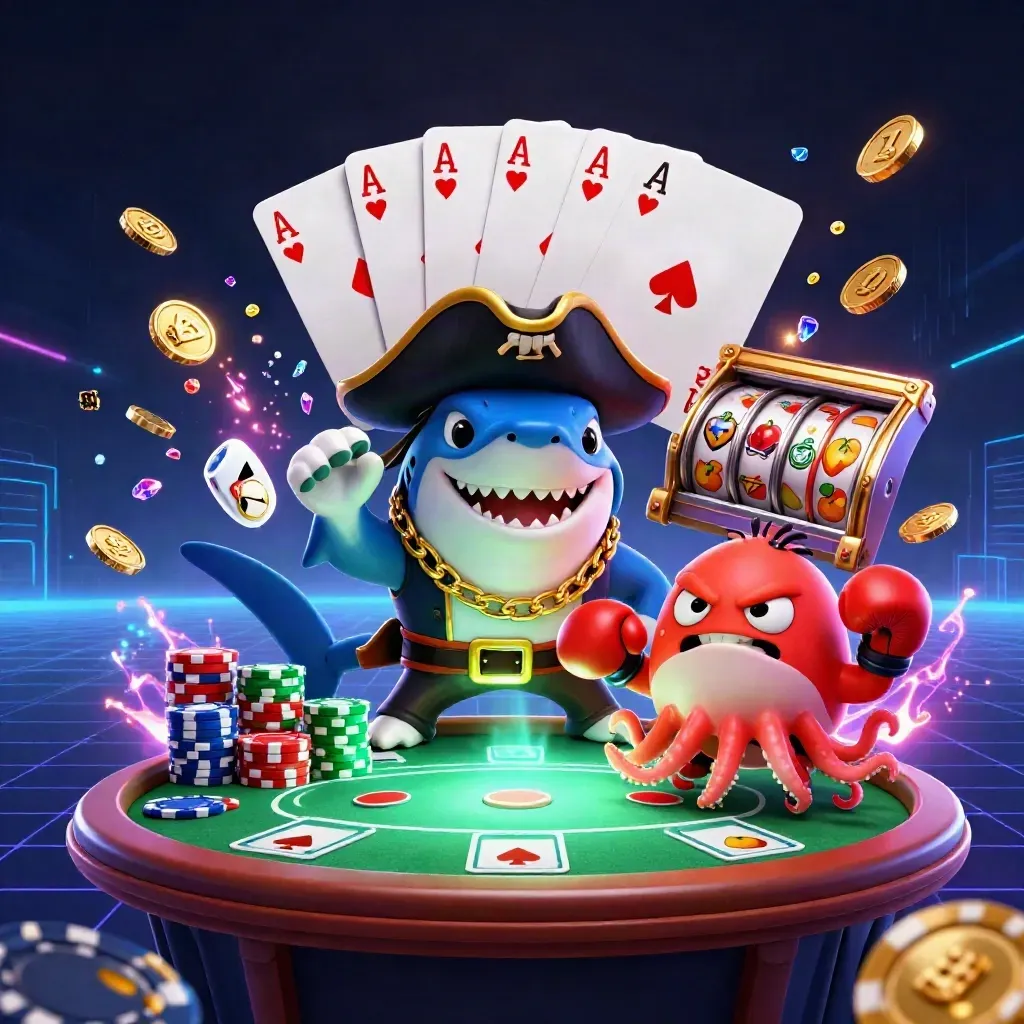Pirate shark, boxing pufferfish, and coin-juggling octopus amid casino cards and neon treasure.
