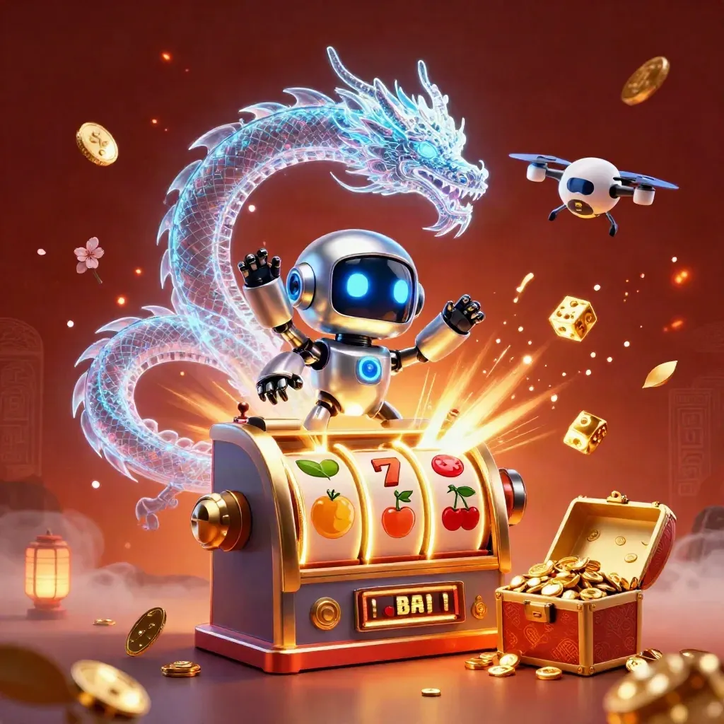 Cyberpunk robot, holographic dragon, and coin drone burst amid slot symbols and gold.