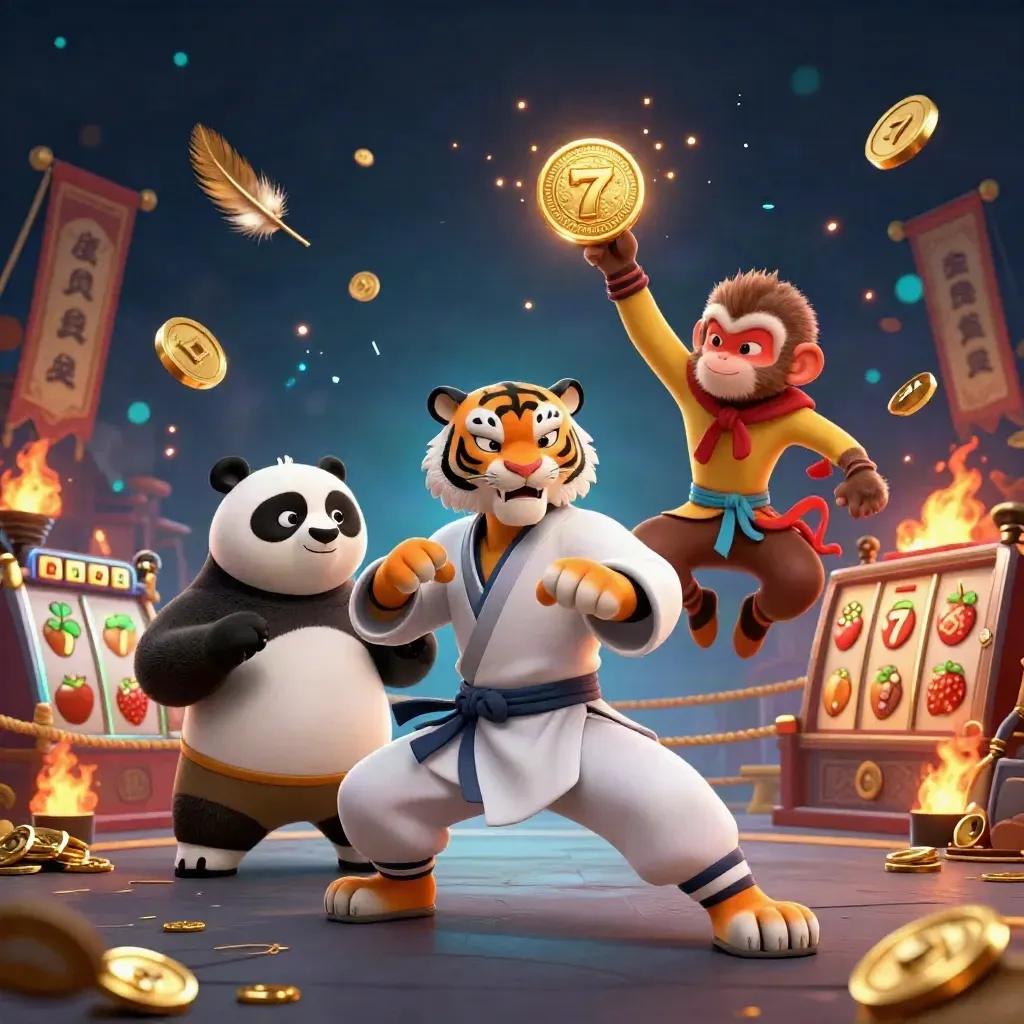 Tiger, panda and monkey in a golden casino-fantasy burst with coins, torches and neon glow
