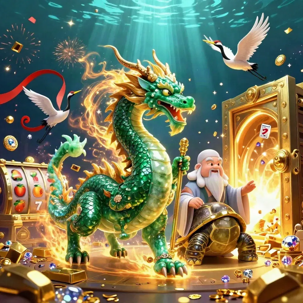 Emerald dragon, turtle sage, and cranes burst gold fire around a glowing vault underwater.