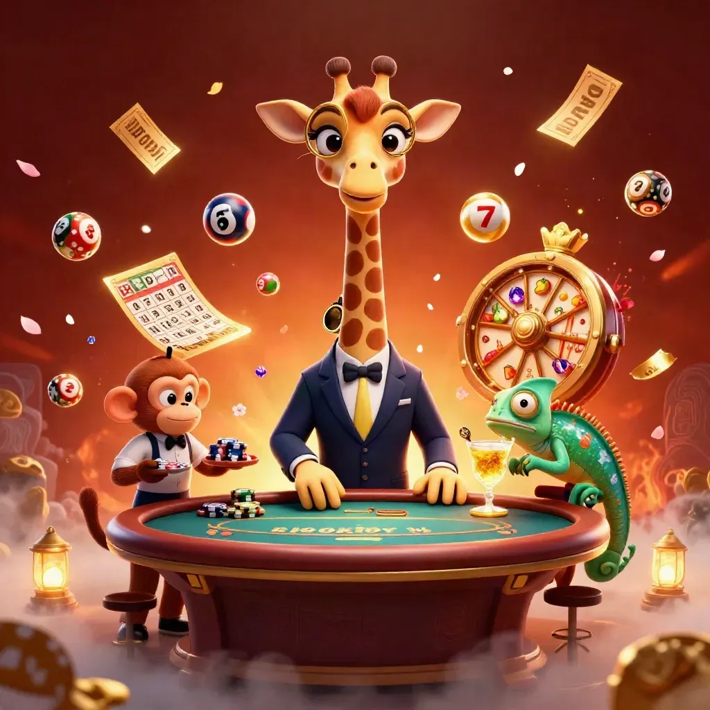 High-roller giraffe, chip valet monkey, and chameleon bartender amid neon casino bursts.