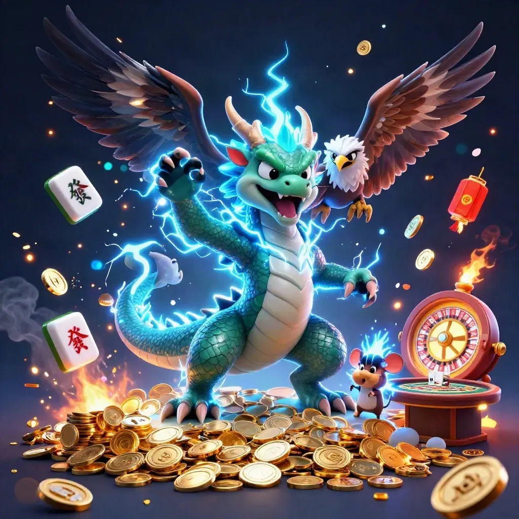 Thunder dragon, wind hawk, and static mouse amid coins, lanterns, fireworks, and casino tables.