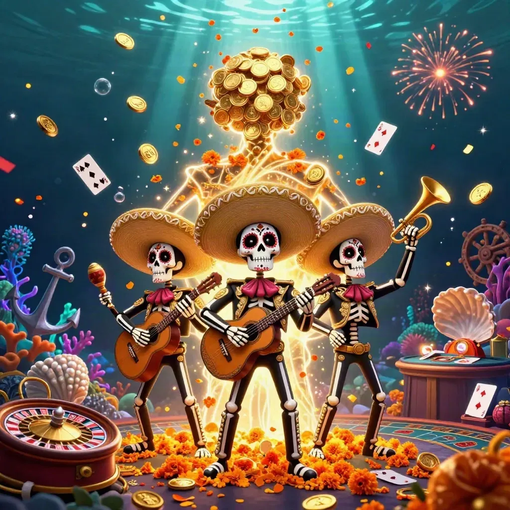 Skeleton mariachi trio celebrates amid coins, treasure, coral, fireworks, and casino props underwater.