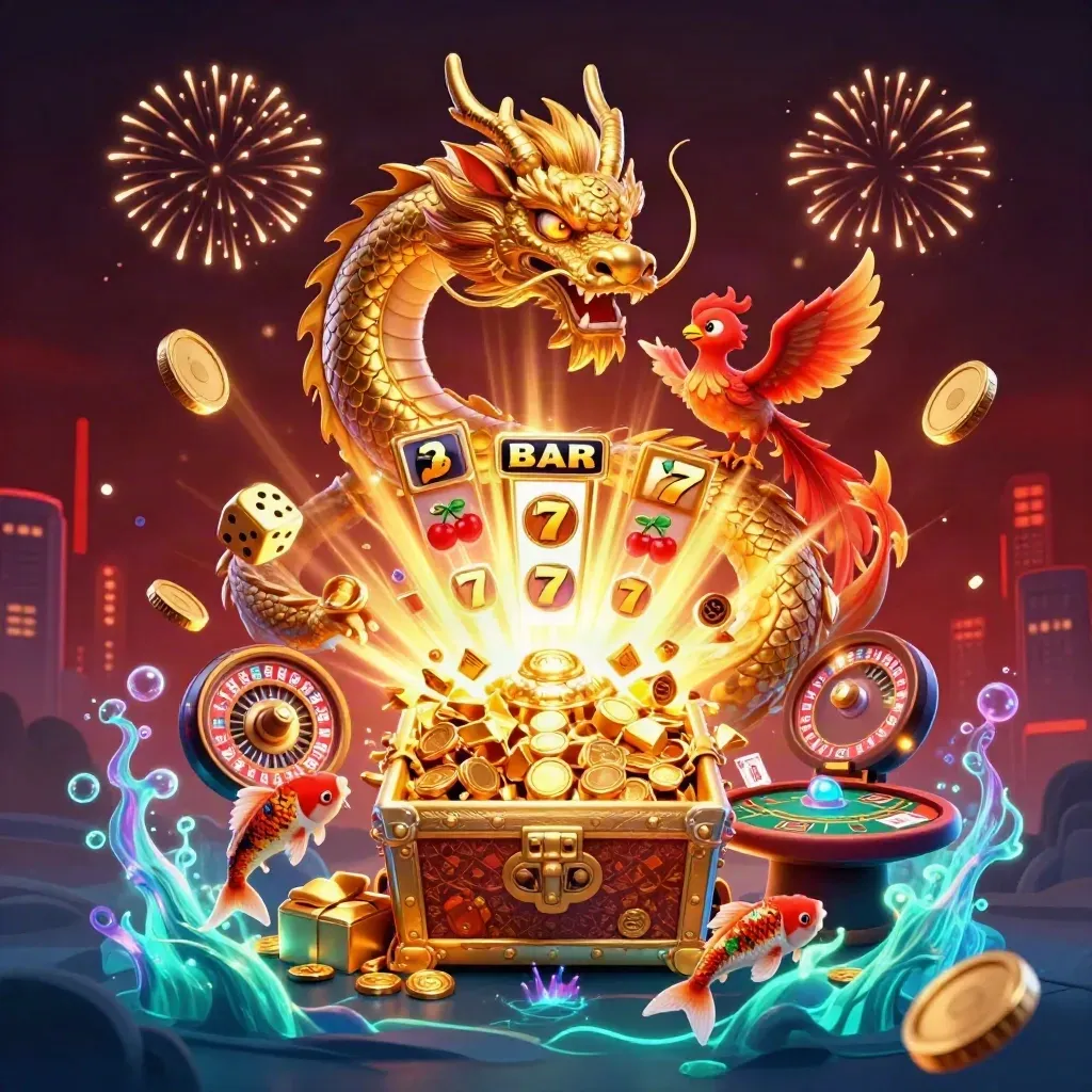 Golden dragon and phoenix burst from a jackpot chest amid coins, slots, dice and neon casino lights.