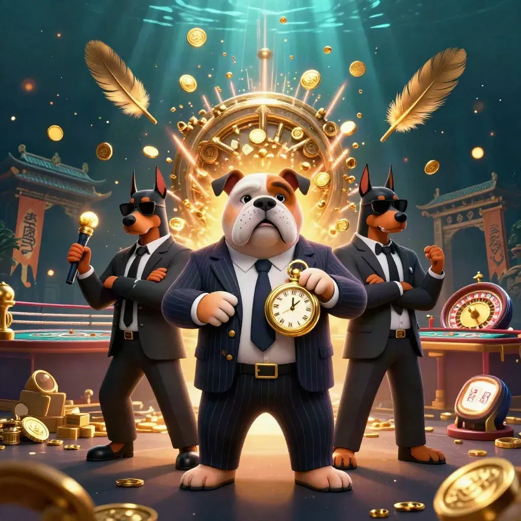 Bulldog boss and Doberman guards amid exploding gold coins, casino props, and dark teal light rays.