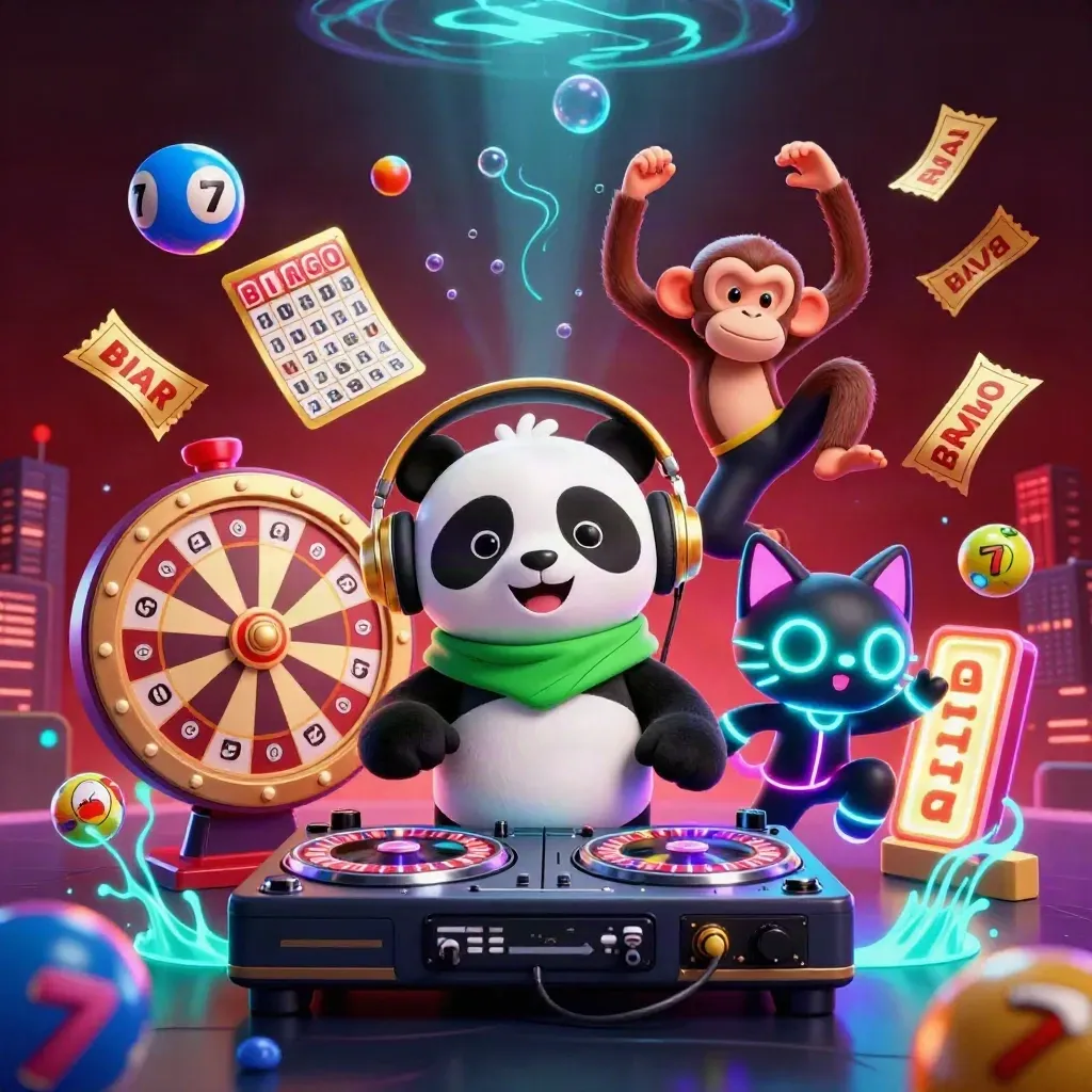 DJ panda, breakdancing monkey, and glow-stick kitten amid casino reels and neon effects.