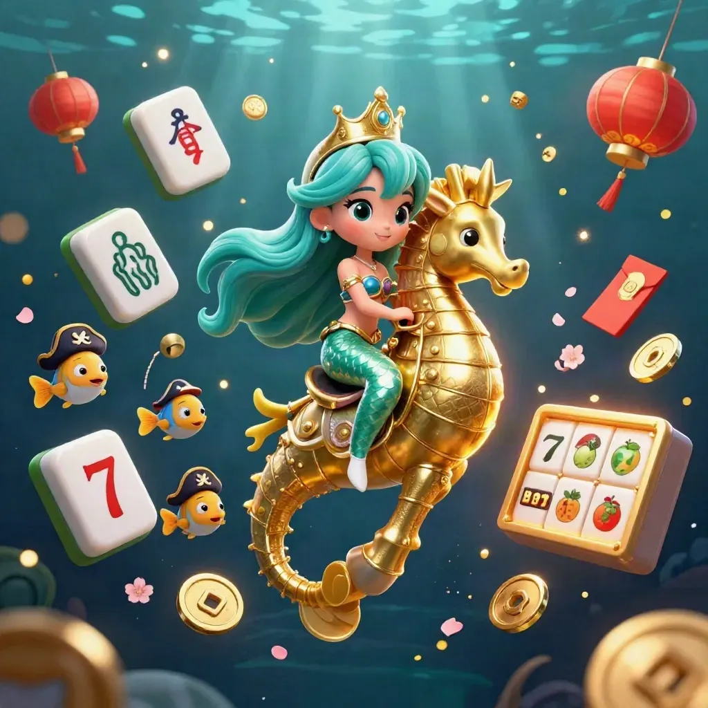 Mermaid princess on armored seahorse amid pirate fish, casino reels, coins, lanterns, and glowing underwater magic.