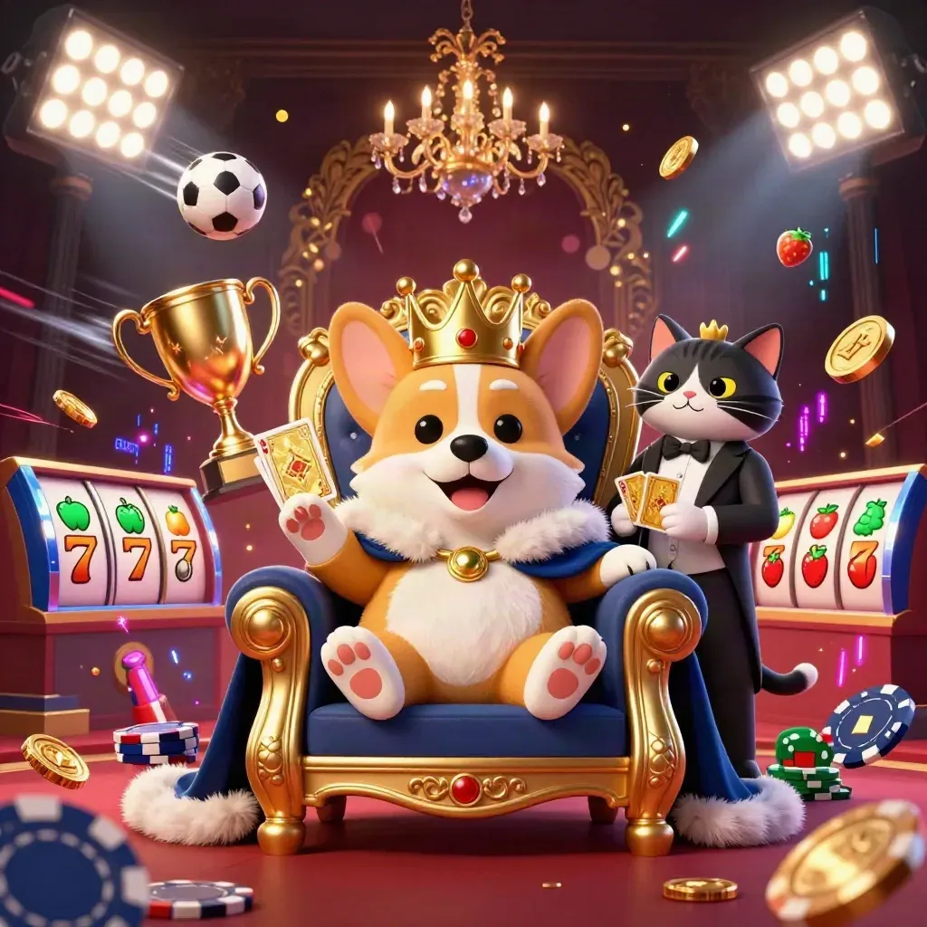 Royal corgi and cat butler amid casino chips, coins, sports balls, and glowing reels