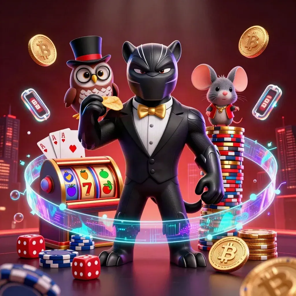 Panther, owl, and mouse deal cards amid neon chips and casino sparks on a dark luxe backdrop.