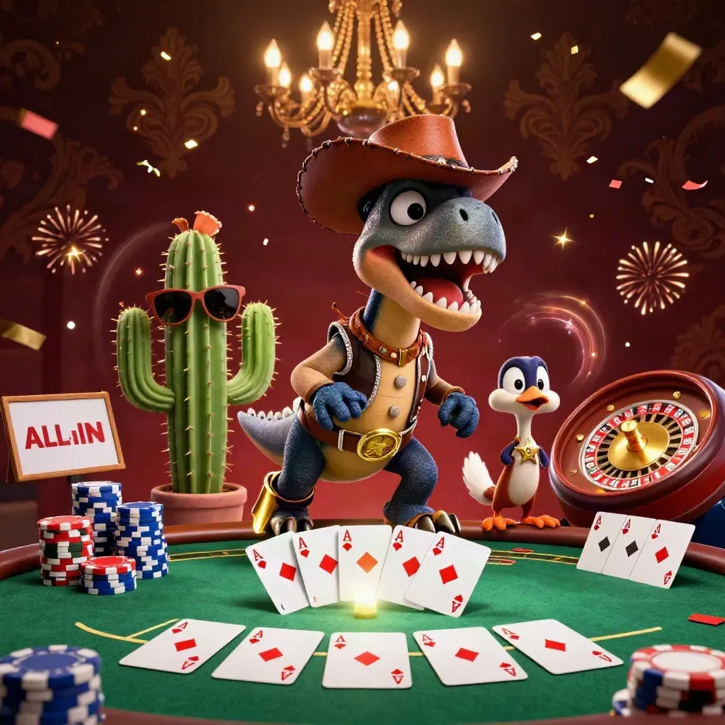 Cartoon cowboy T-Rex trio amid casino cards, chips, roulette wheel, confetti, and luxe dark gold lighting