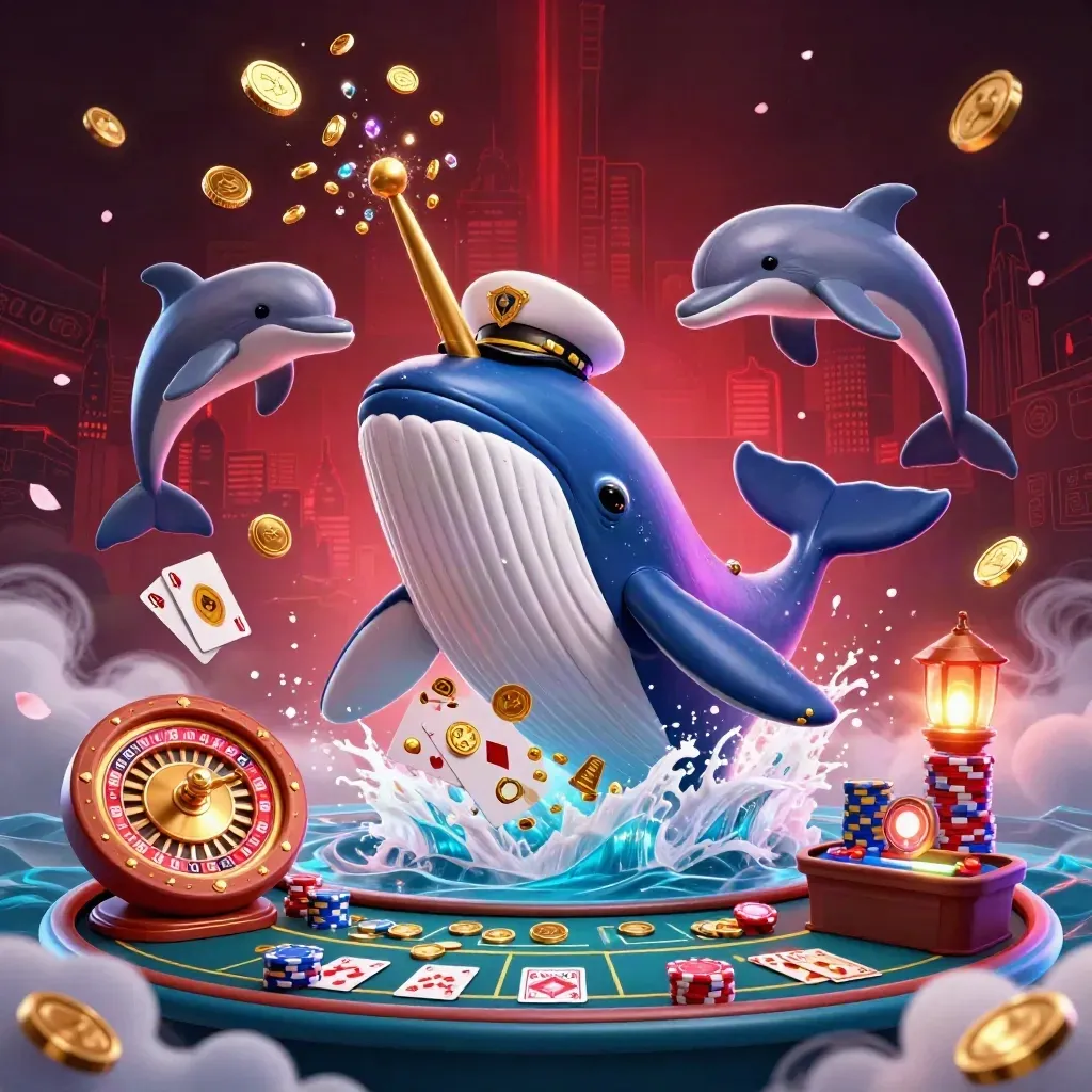 Cartoon whale captain, narwhal, and dolphins amid gold coins, chips, roulette, and neon casino lights.