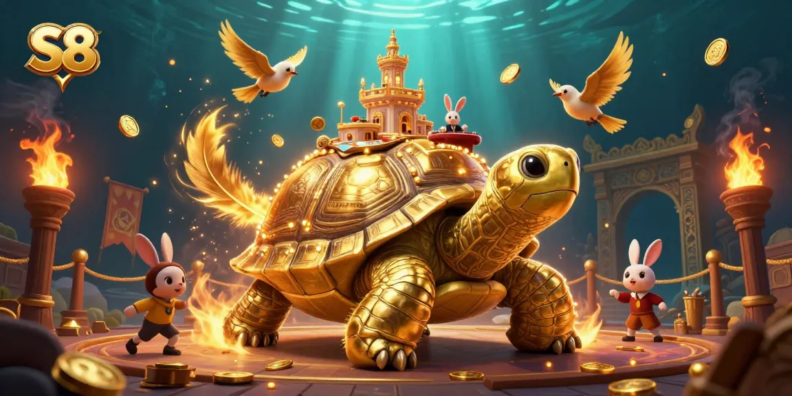 S8 casino scene with a golden tortoise and rabbit dealer, dynamic gaming atmosphere.