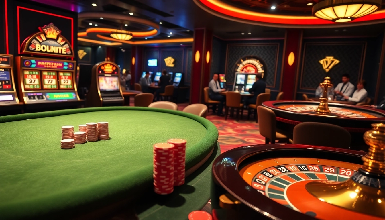 Engaged players enjoying a thrilling game at a casino featuring 7m cn elements like poker tables and slot machines.