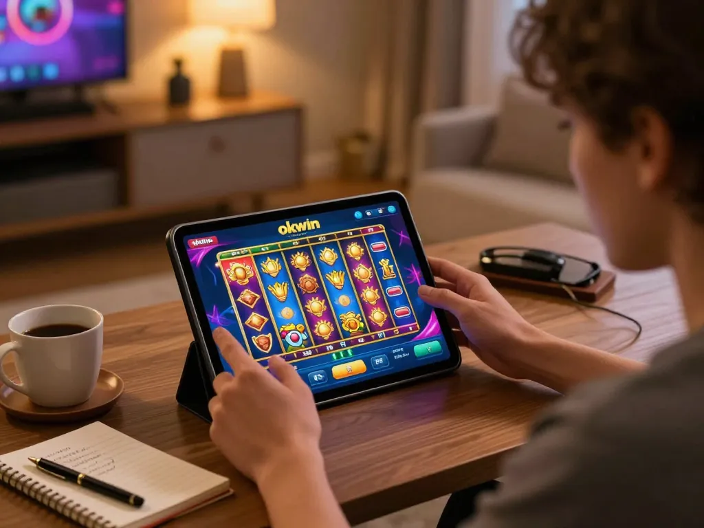 Engaging with the okwin app on a tablet showcasing dynamic slot gameplay in a cozy atmosphere.