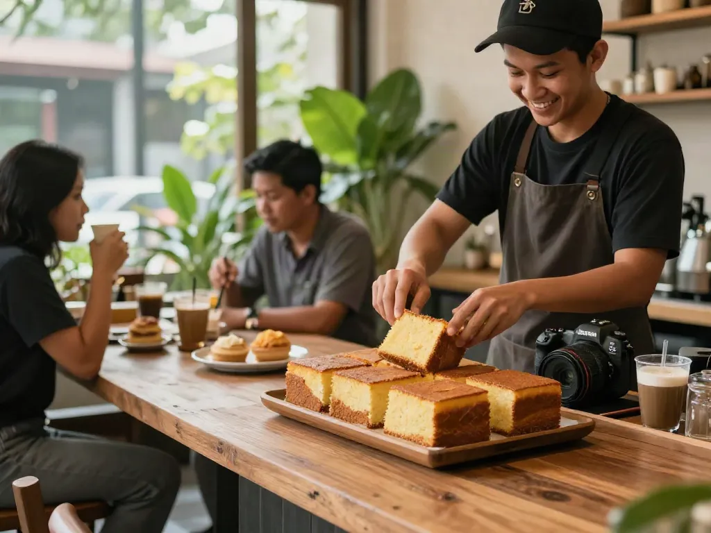 Delicious ROKOK88 bolu bakar served in a cozy café setting in Bandung.