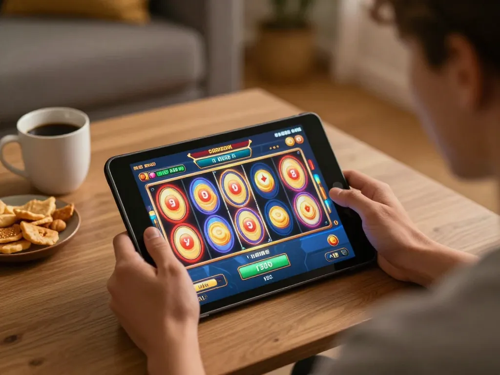 Experience the excitement of uu88games while playing vibrant online slots on a cozy tablet.