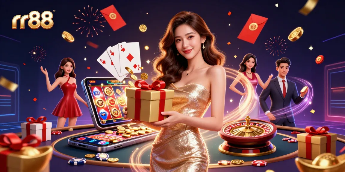 Win big at rr88 with a stunning Asian model surrounded by festive casino elements, showcasing excitement and joy.
