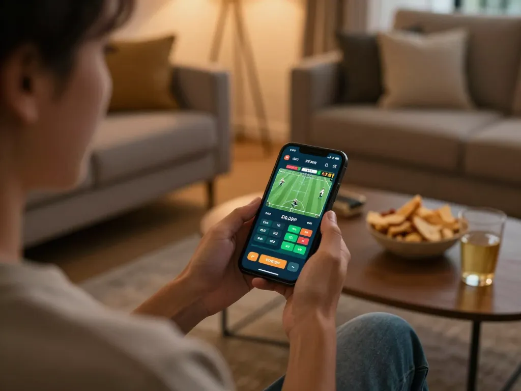 Person engaging with Cakhia sports betting app on smartphone in a cozy home setting.